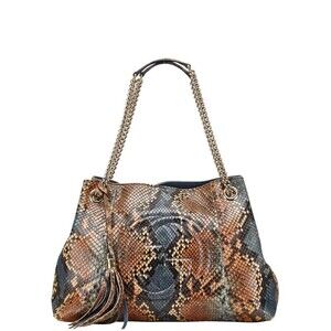 Gucci Interlocking GG Soho Python Hobo Shoulder Bag Brown Navy Blue Leather